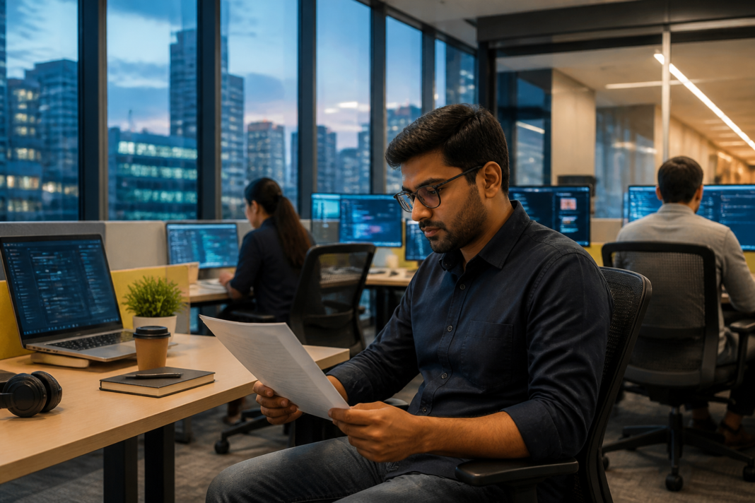 Apple layoffs and changing technology work represented by a modern office and Indian tech professionals.