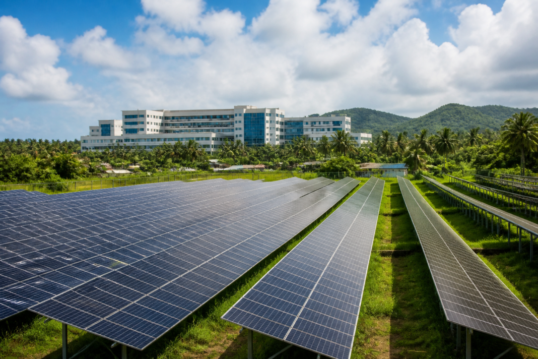 Aster Medcity solar project with ground-mounted panels in Kerala