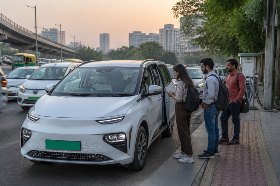 Green SM India electric taxi operating on a Delhi-NCR urban road