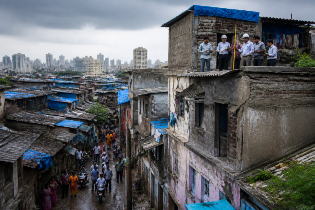 Mumbai slum demolition drive targeting dense hillside homes and surrounding urban housing.