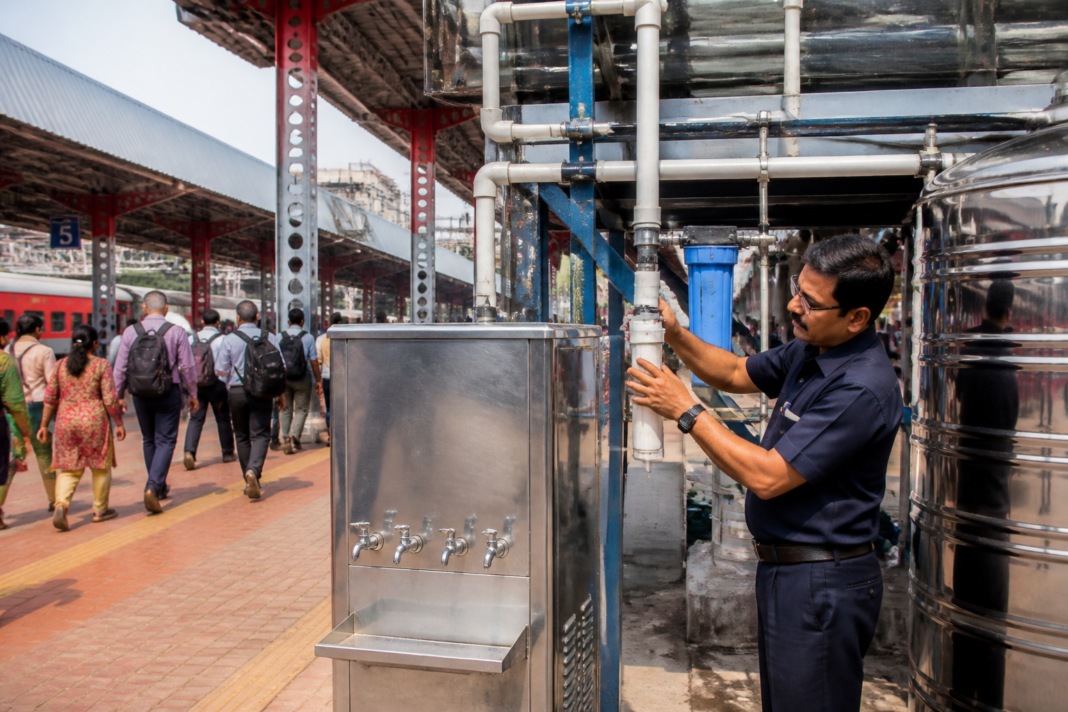 Central Railway water quality inspection at a Mumbai railway station water facility