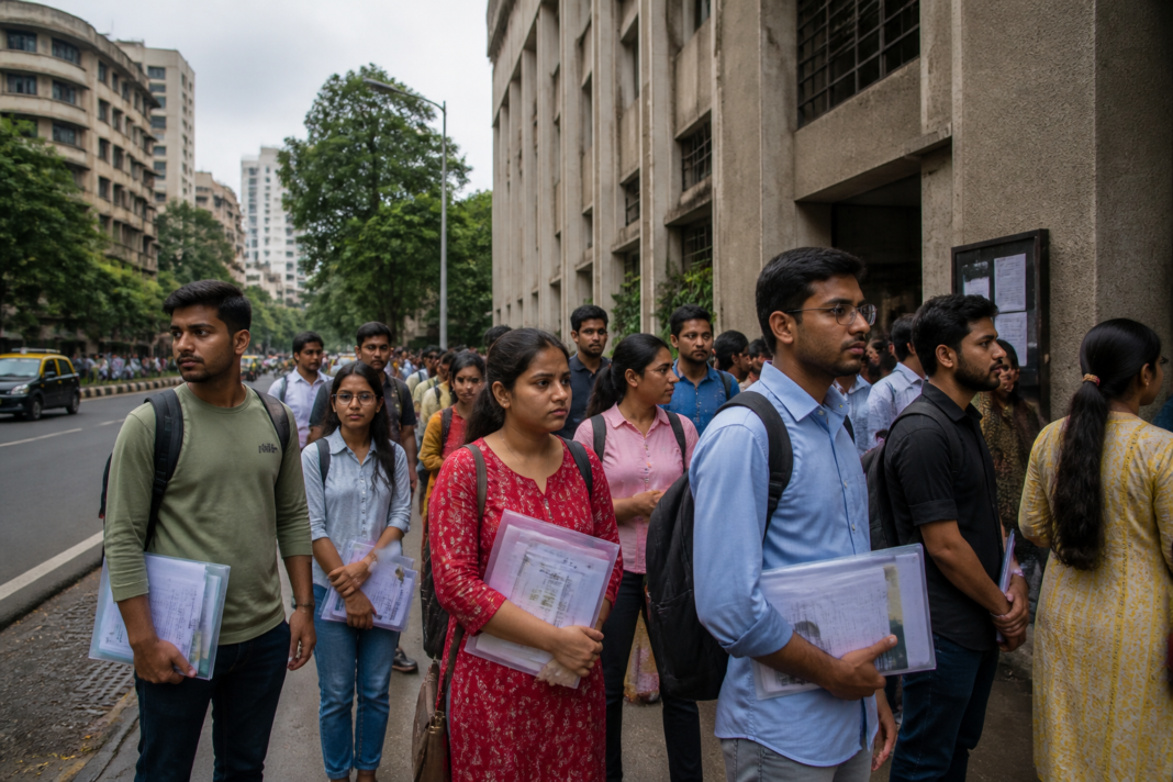 MPSC recruitment candidates and Maharashtra government vacancy documents at a recruitment office