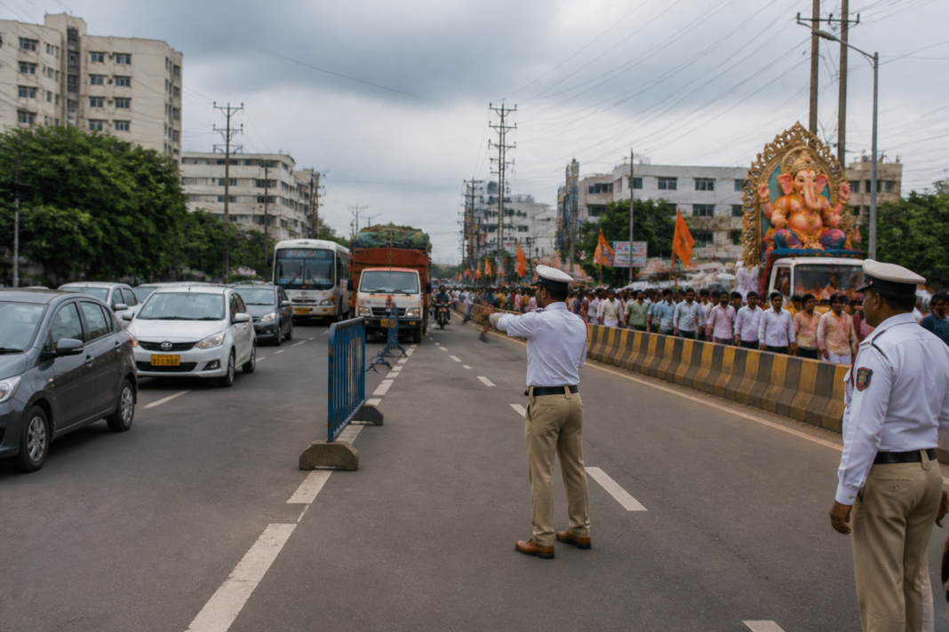Wagholi traffic diversions on Pune-Ahilyanagar Road during a Ganpati immersion procession