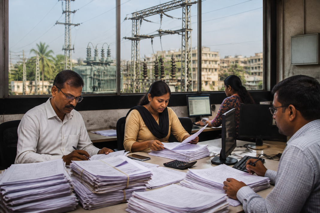 MSEDCL Pune electricity dues review involving a utility office and electricity billing records