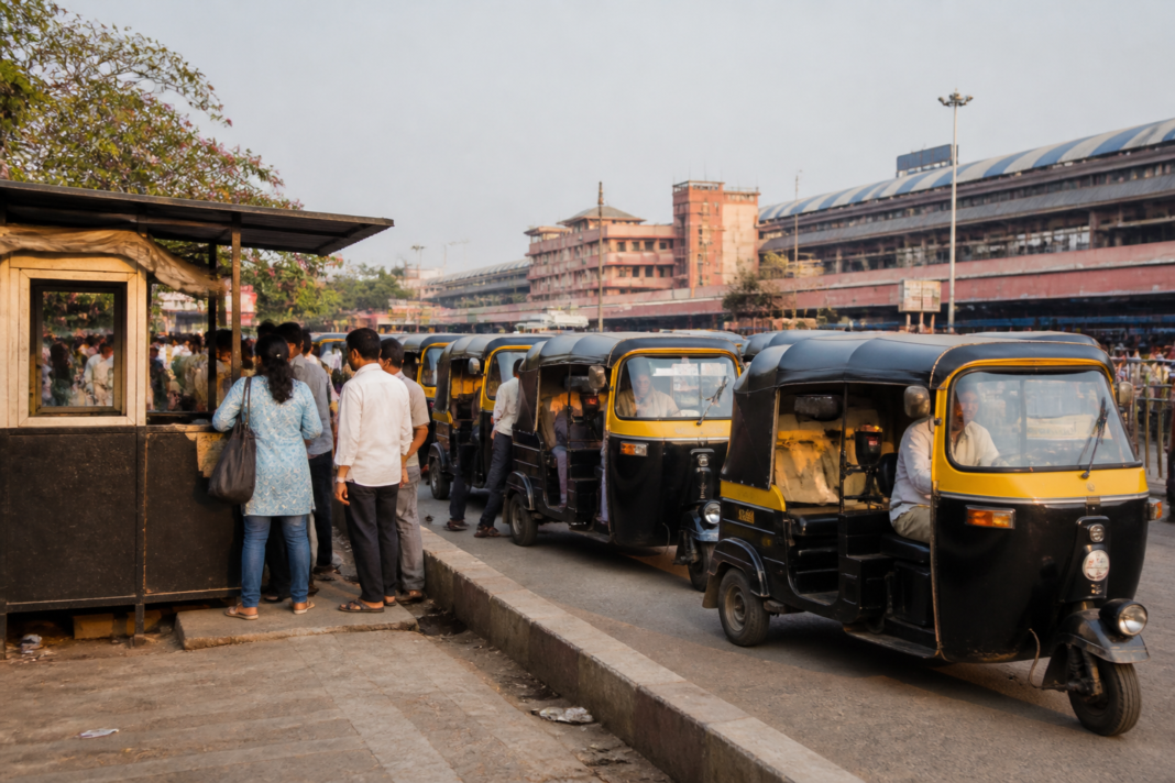 Thane prepaid auto rickshaw stand outside Thane railway station for commuters.