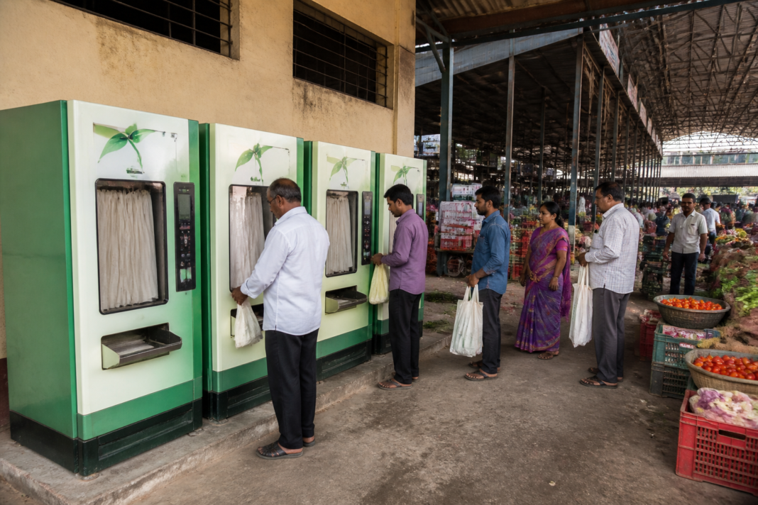 Cloth bag vending machines installed at the Kalyan APMC plastic-free initiative.