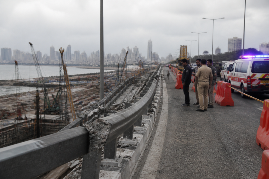 Mumbai Coastal Road crash site near Worli after a BMW breached a barrier.