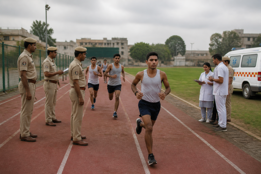Delhi police recruitment candidates running on a PEMT track at a training centre