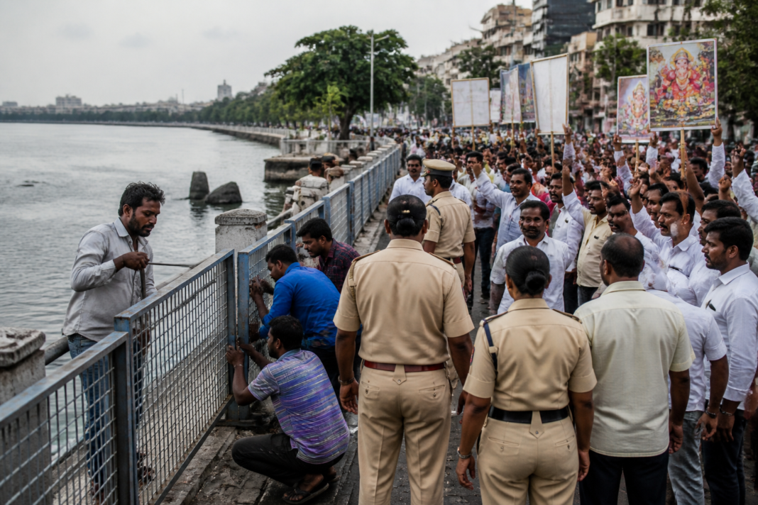 Tank Bund barricading near Hussain Sagar Lake during a Ganesh immersion protest in Hyderabad