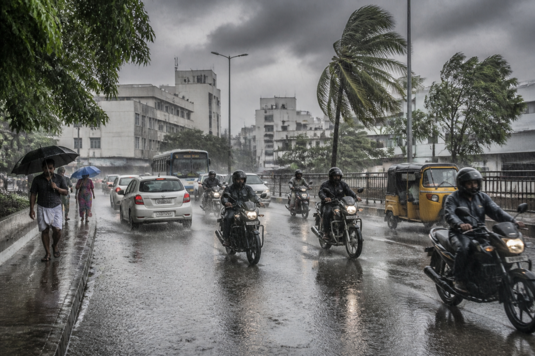 Tamil Nadu rain alert showing a stormy urban road during heavy rain