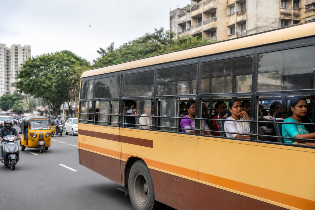 Tamil Nadu free bus scheme buses carrying women passengers on a busy city route