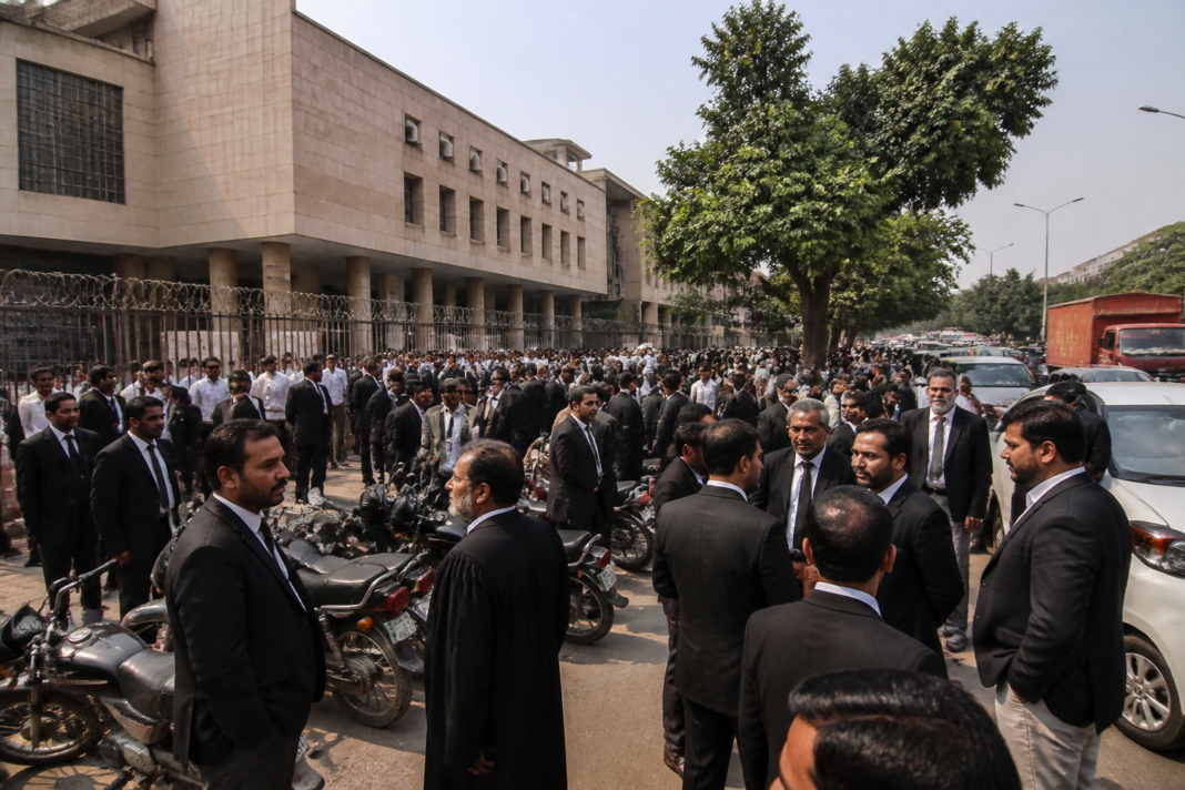 Delhi traffic challan rules protest involving lawyers outside a district court