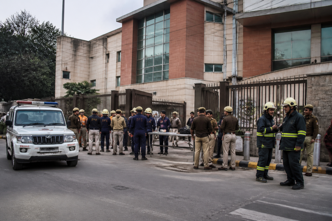 Delhi school bomb threats prompt police and fire service searches at a school premises.