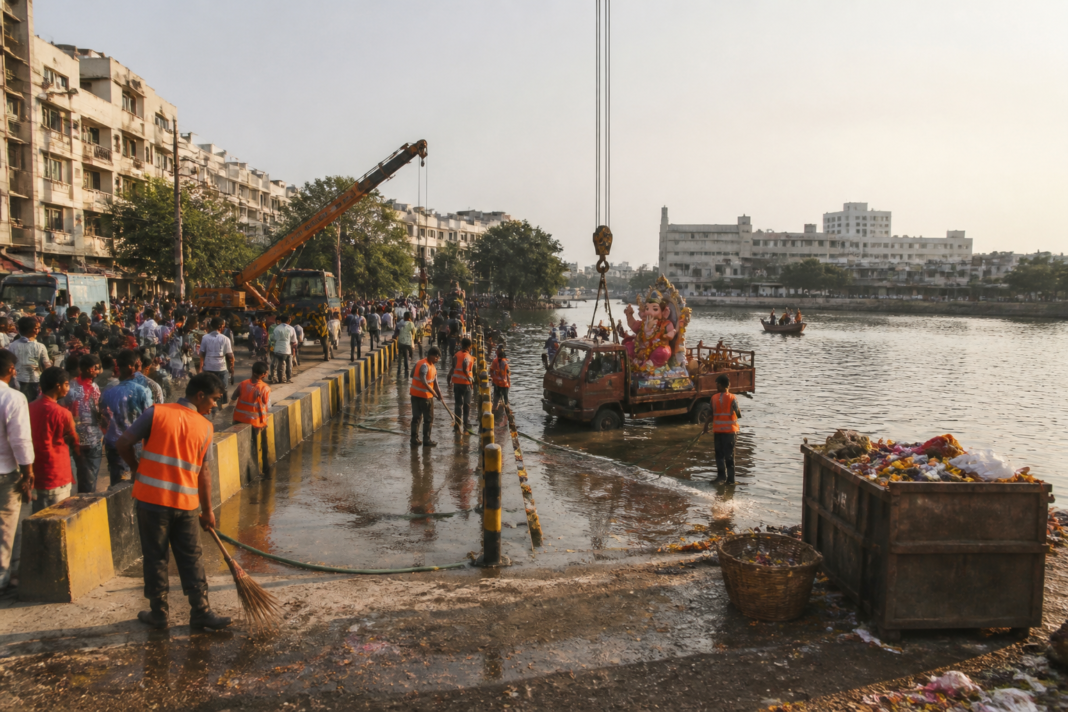 Ganesh idol immersions at a designated civic site in Cyberabad