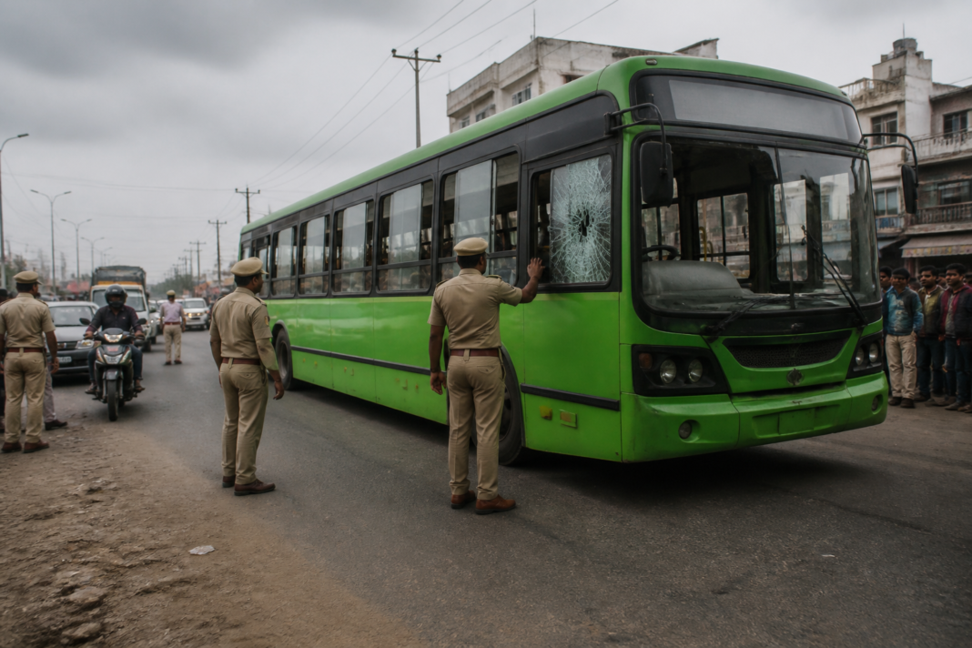 DTC bus strike scene with a Delhi bus and police presence in Kanjhawala