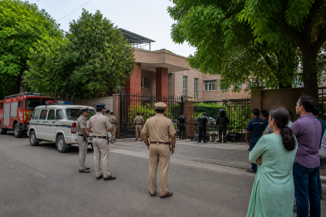 Delhi school bomb threat response with police and fire vehicles outside a school campus