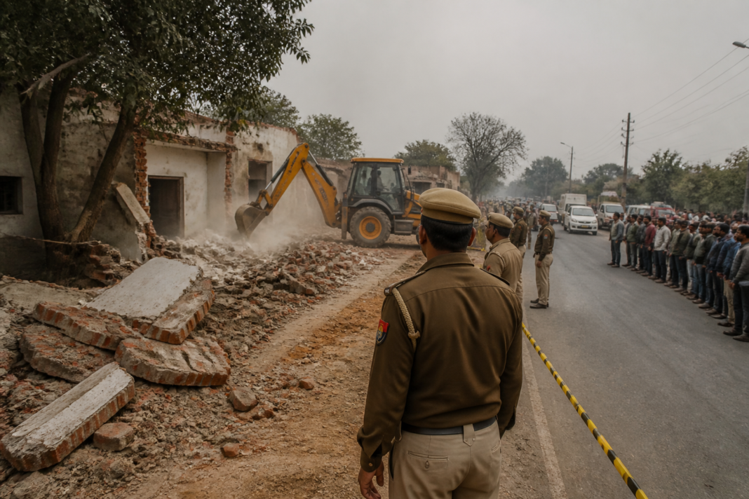 South Delhi road widening drive with demolition equipment near Satbari Gaushala Road