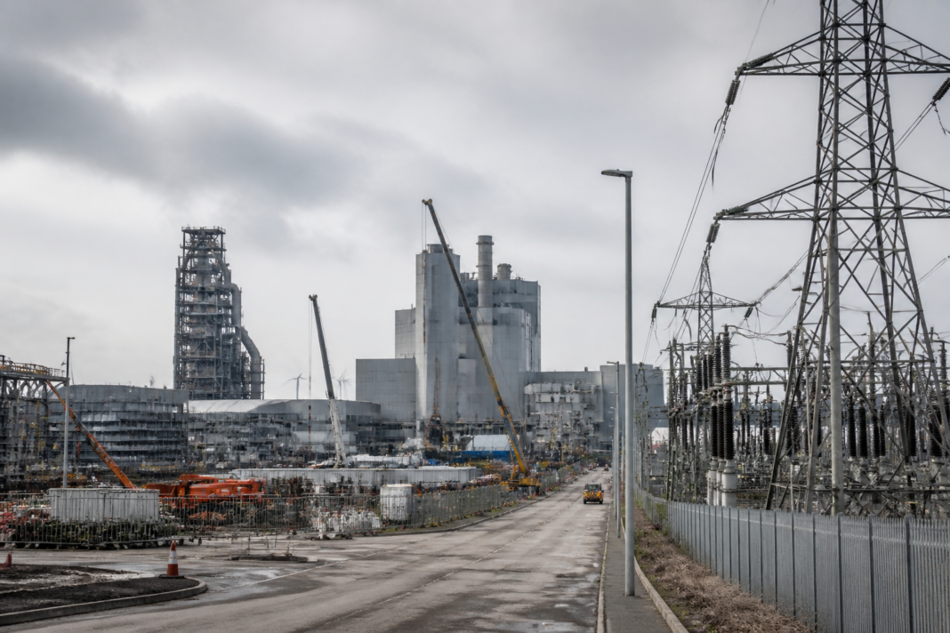 Tata Steel EAF project site at Port Talbot with industrial infrastructure and electrical transmission equipment.