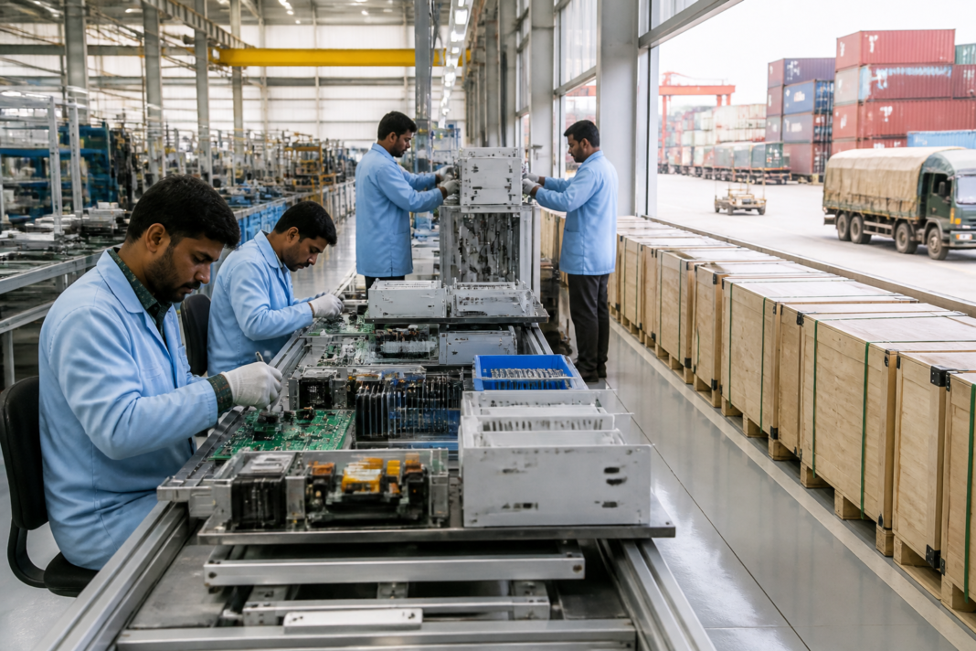 India-China exports represented by Indian electronics and engineering goods at a modern industrial facility.