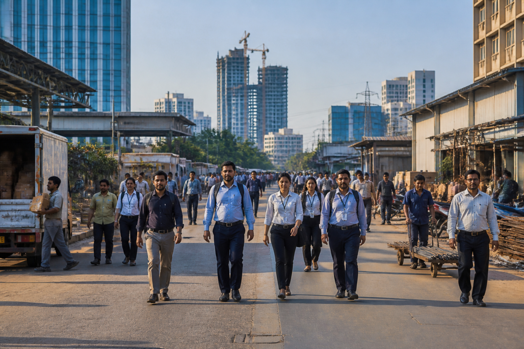 India economic growth represented by workers and businesses in a busy urban commercial district