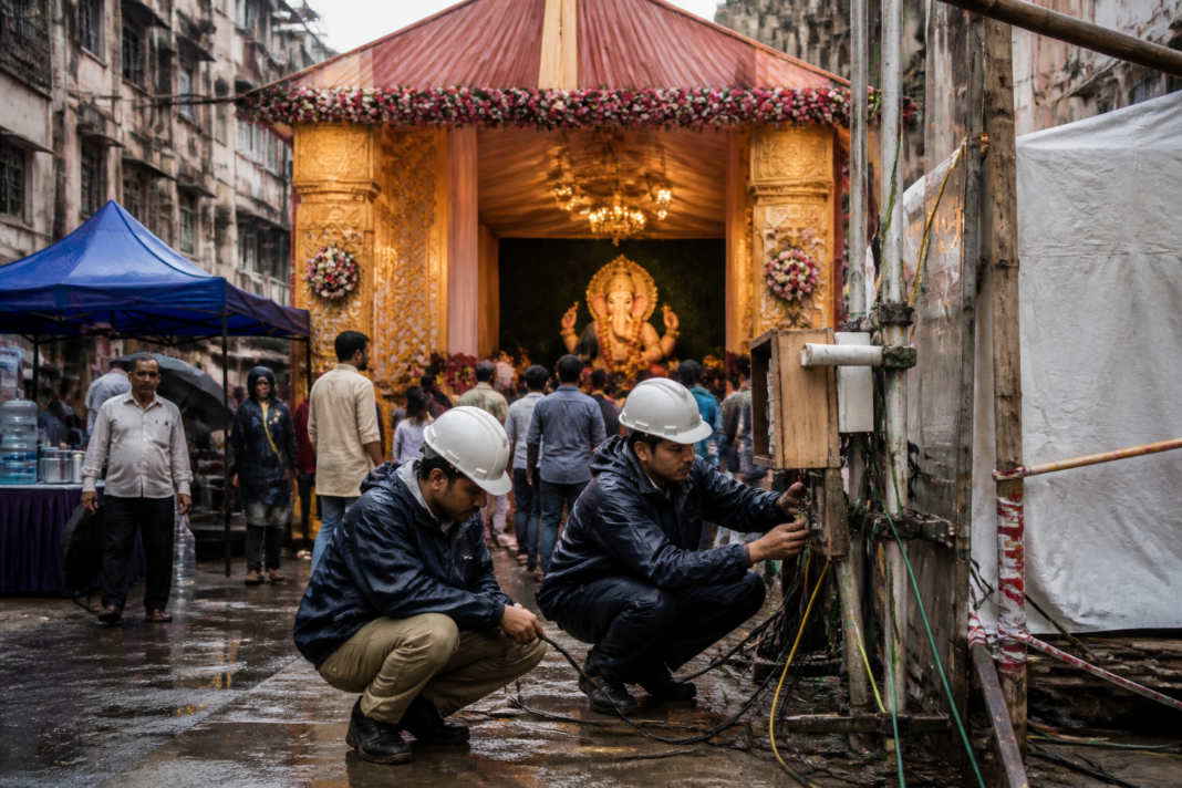 Mumbai Ganesh mandap electrical safety inspection near a crowded festival entrance