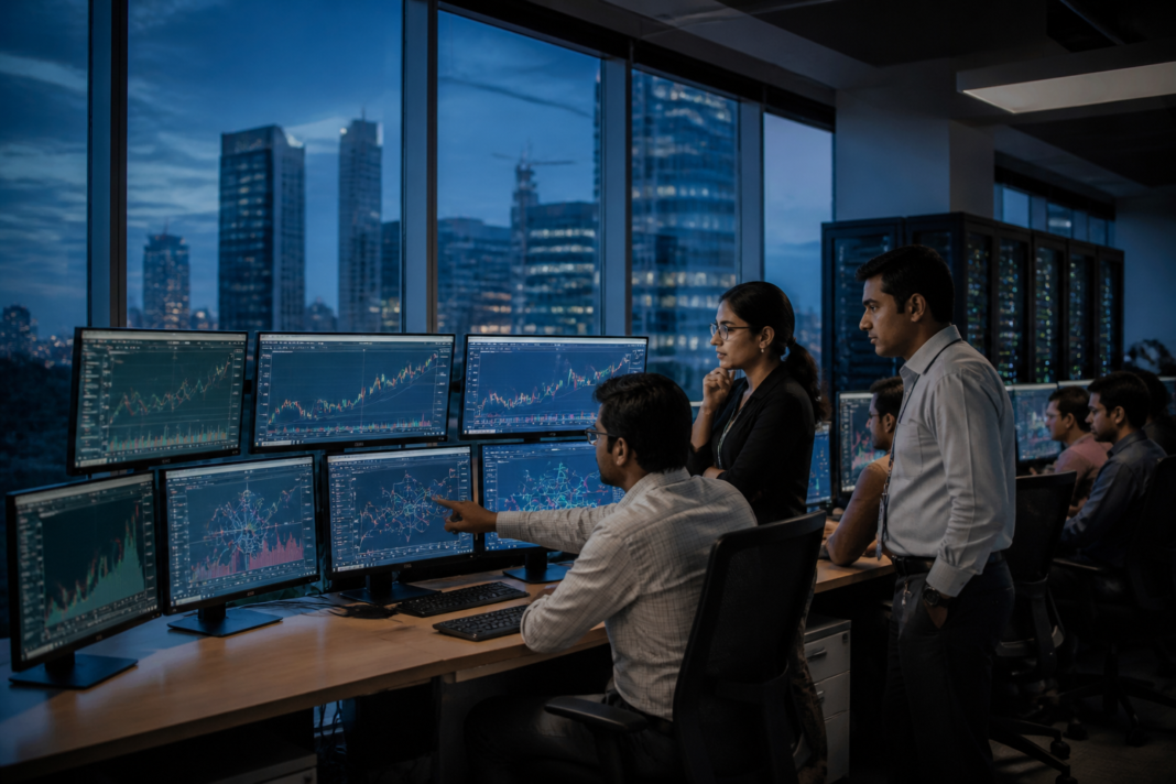 SEBI AI surveillance analysts monitoring financial market data in Mumbai
