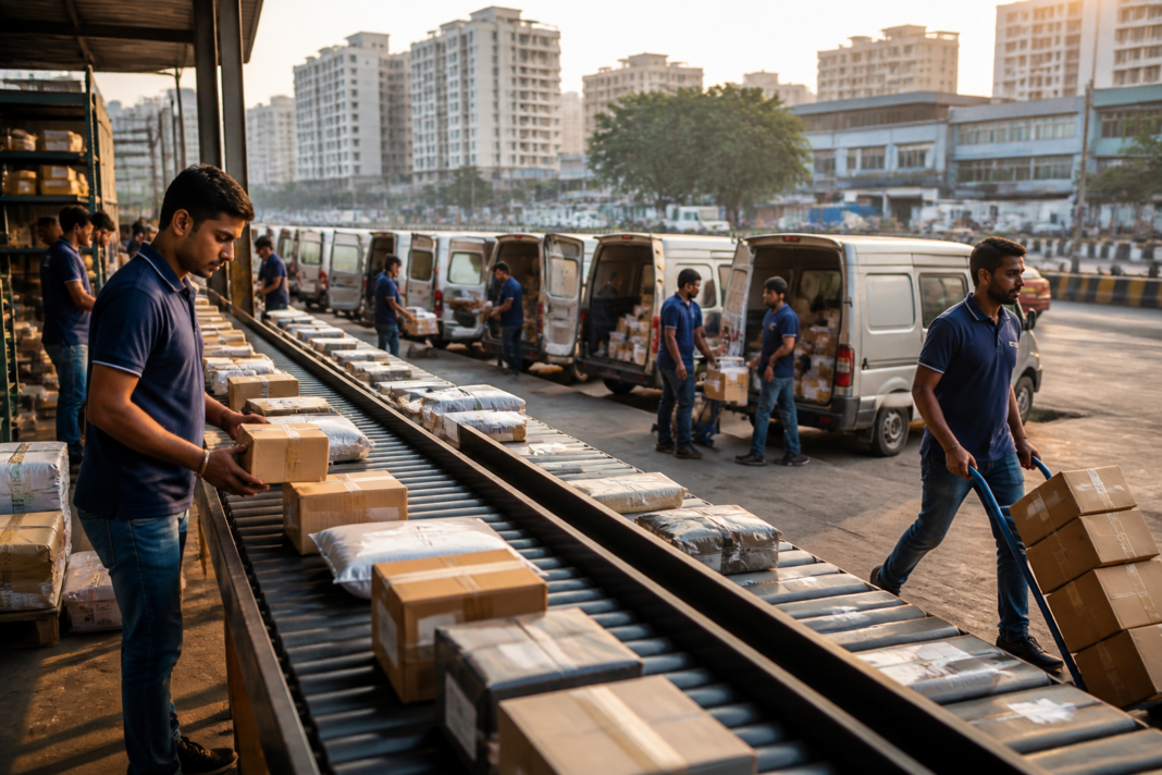 Small-city ecommerce deliveries being sorted at an Indian urban logistics hub.