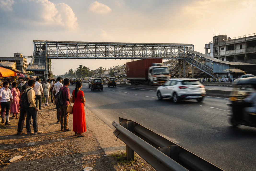 Mumbai-Ahmedabad Highway pedestrian bridges planned near a busy roadside settlement in Palghar