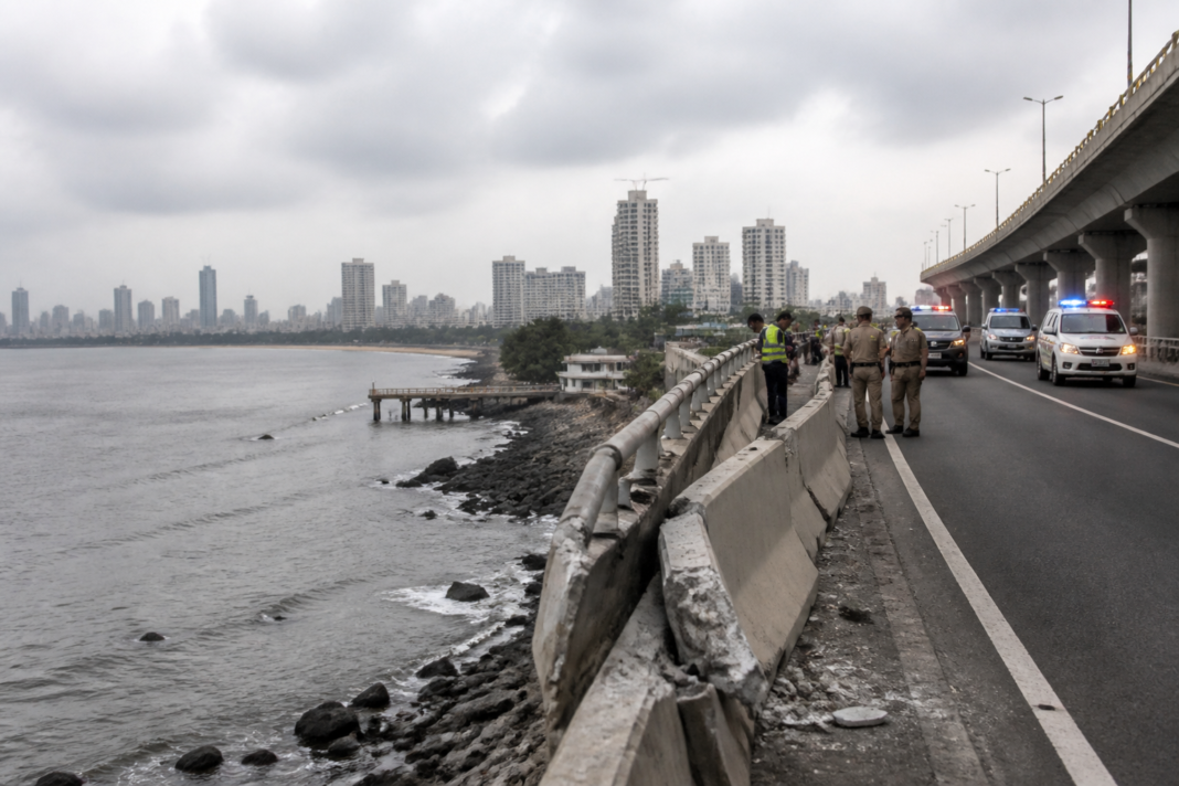 Mumbai Coastal Road crash site near a flyover, with police vehicles and road barriers visible.