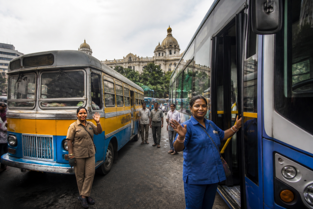 Kolkata Bus Jatra buses and women transport workers representing the city's public transport heritage