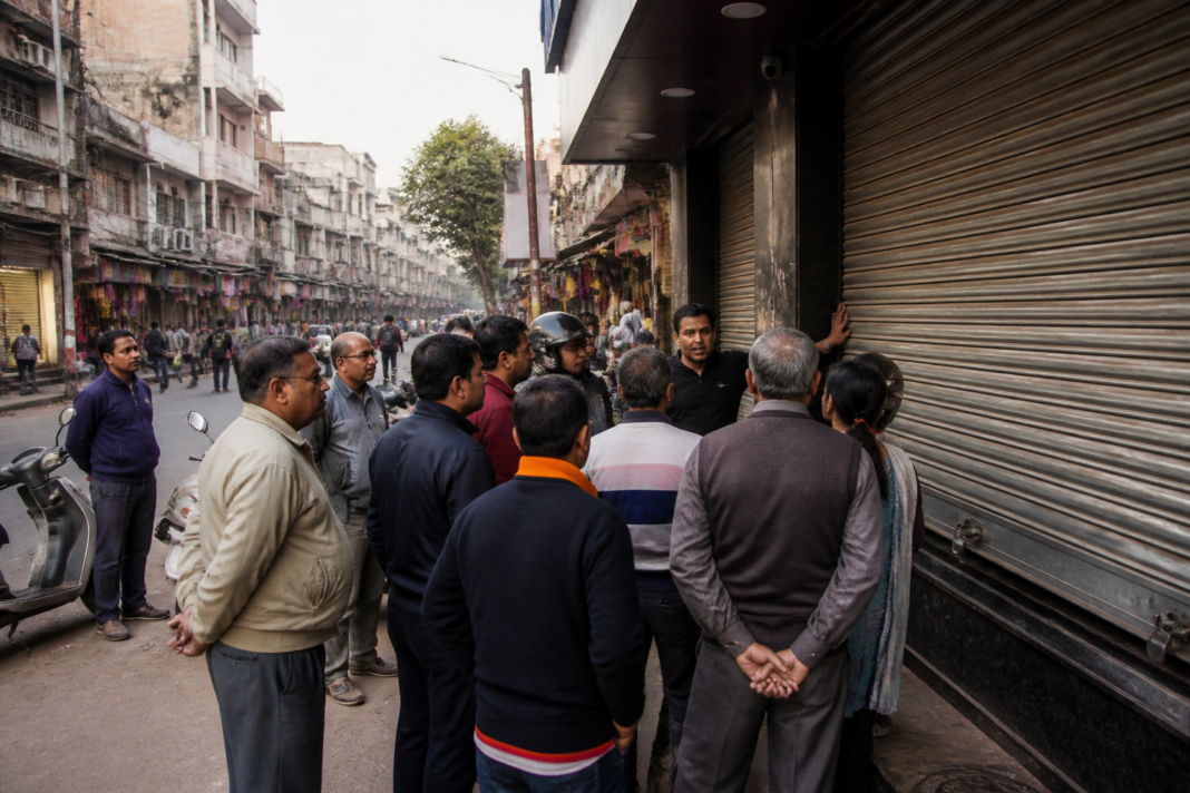 Laxmi Nagar gold scam victims gathered outside a locked jewellery shop in East Delhi
