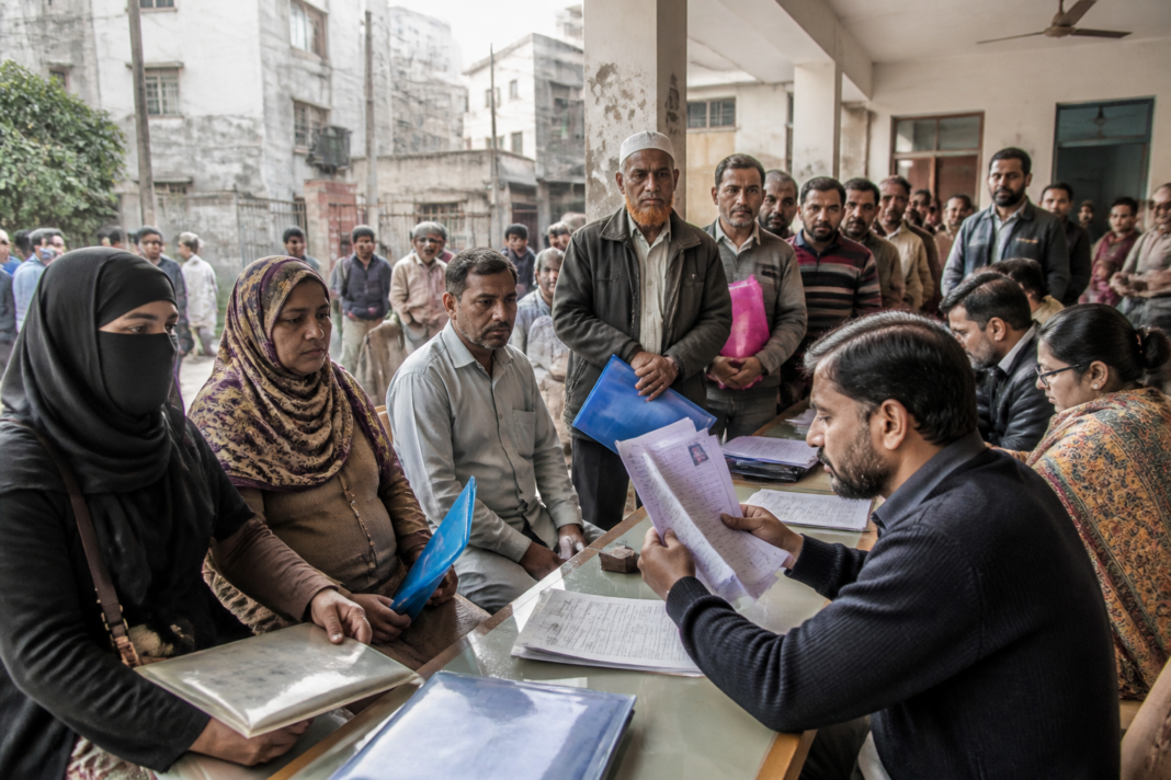 Delhi SIR voter list camp where residents wait with documents for electoral-roll corrections