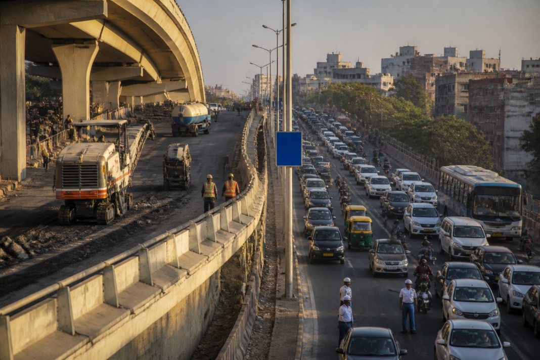 Delhi traffic near the Karampura-Moti Nagar flyover during phased repair work