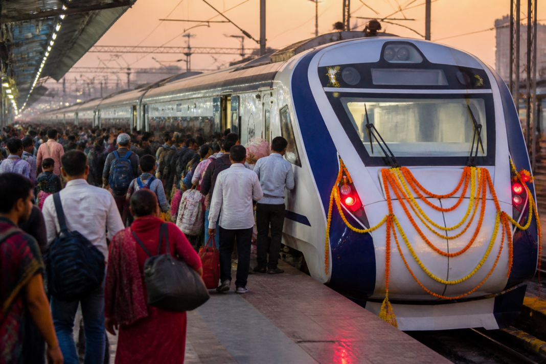 Festival special trains at a busy Indian railway station during Diwali travel