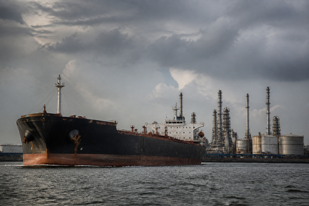 India Russia oil imports represented by an oil tanker near an Indian refinery.