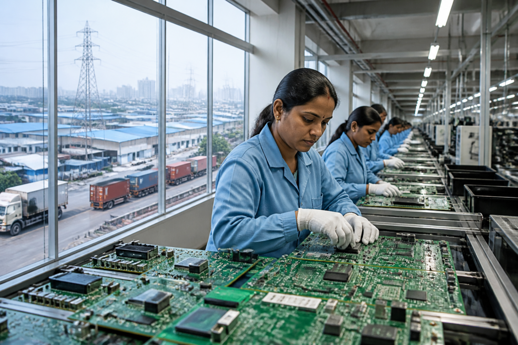 India-China electronics trade represented by an Indian electronics manufacturing plant and circuit board assemblies.