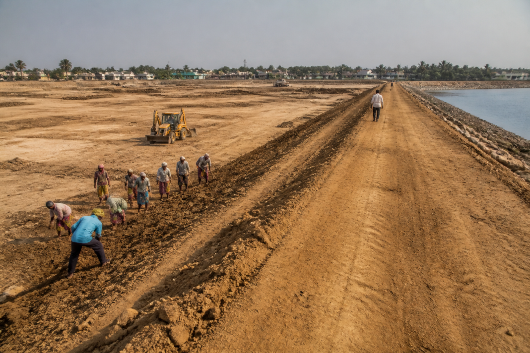 Karnataka lake rejuvenation work at a dry rural lake with workers repairing its earthen bund.