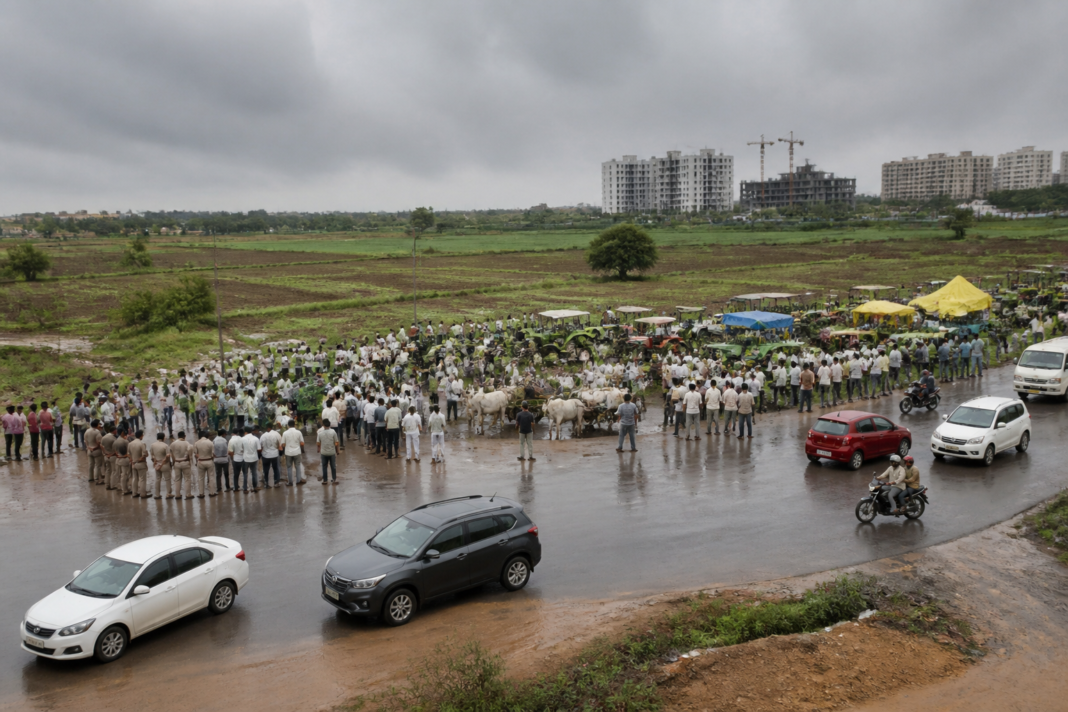 Farmers stage a Bidadi township protest near Bairamangala against proposed land acquisition.
