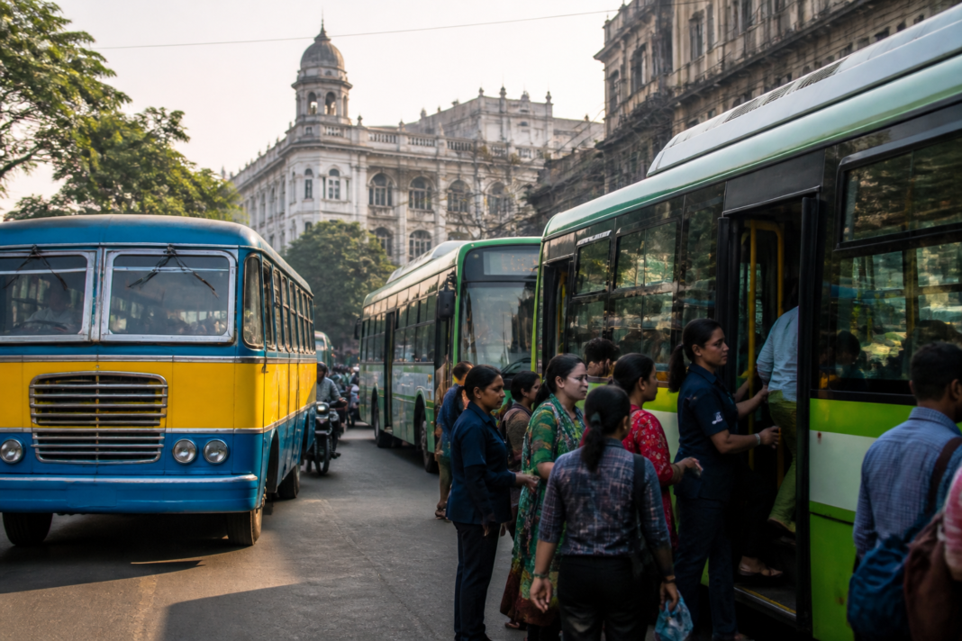 Kolkata Bus Jatra buses carrying passengers through the city during a public transport heritage event