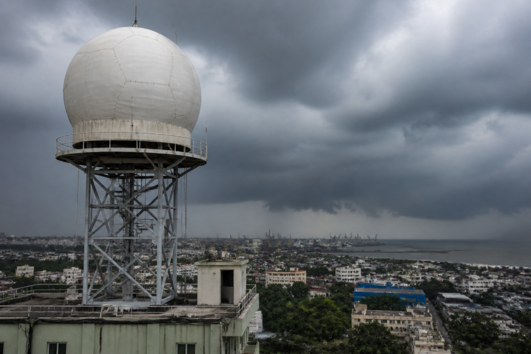 Chennai weather radar installation near the coast under overcast monsoon skies