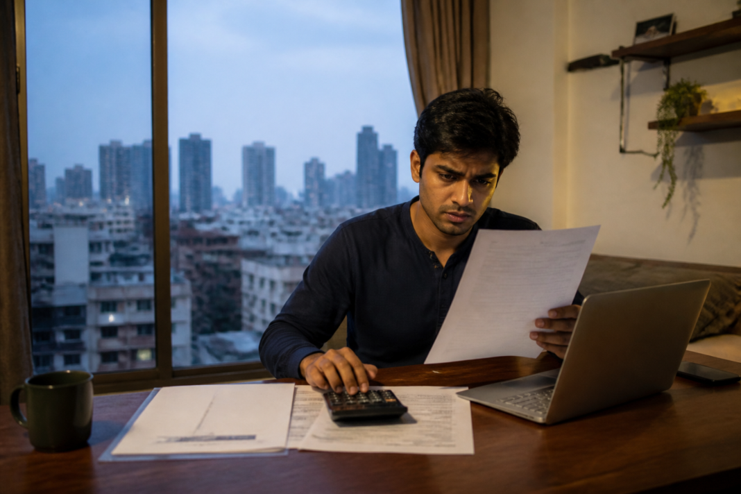 Gen Z housing affordability reflected in a young worker’s rented apartment overlooking an Indian city.