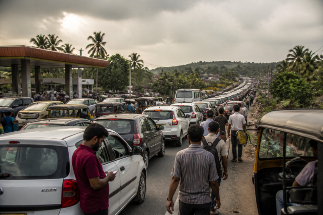 Vasai traffic jam near the Bhui Gaon CNG pump on the narrow Vasai-Arnala road