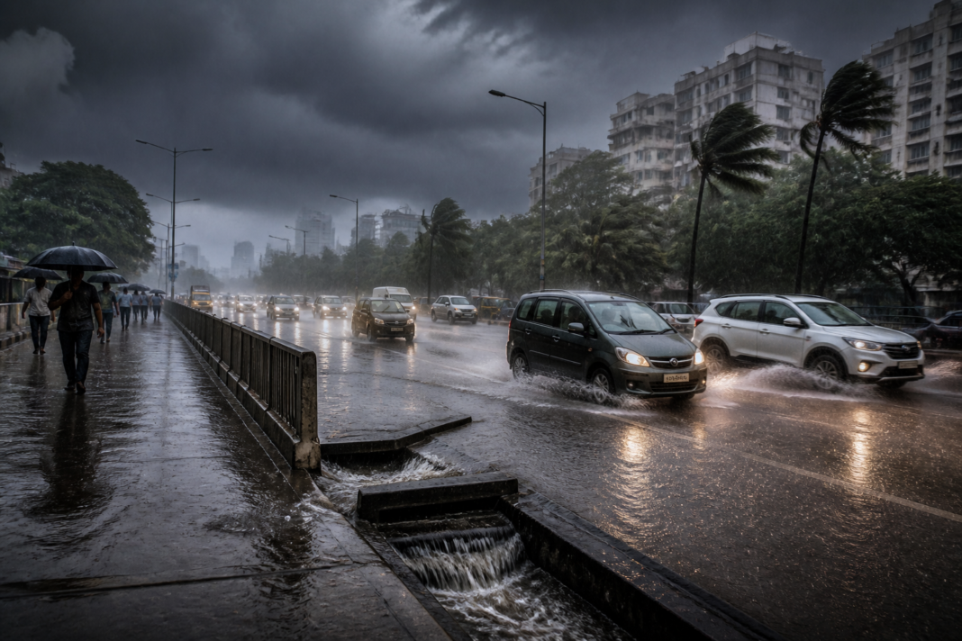 Heavy rain alert India showing an urban road under intense monsoon rainfall and dark storm clouds.