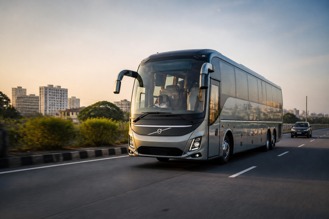 Hyderabad Pondicherry bus service represented by a Volvo sleeper coach on a South Indian highway