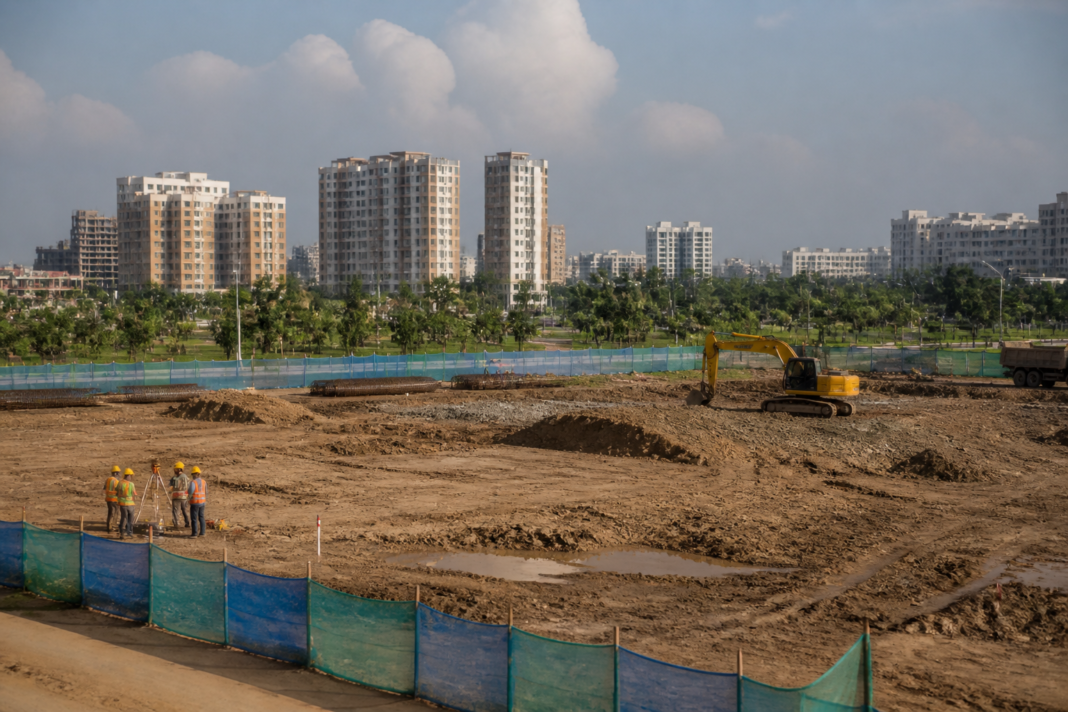 Planned Adani hospital project in New Town, Kolkata, with an urban construction site
