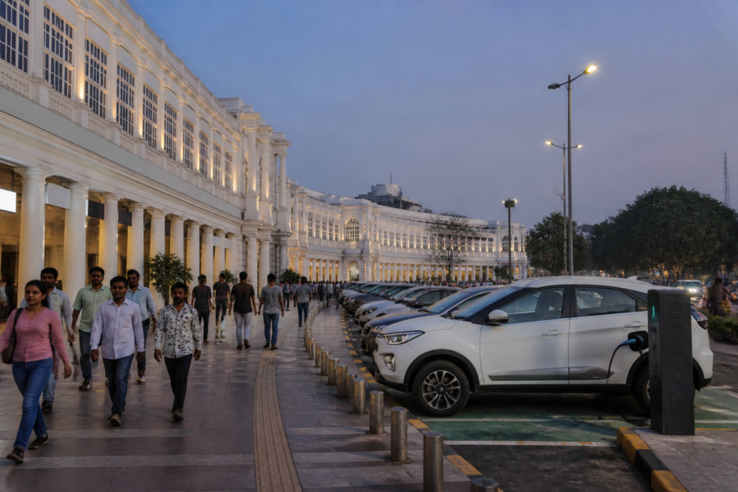 NDMC civic projects in Connaught Place with pedestrians, street lighting and urban infrastructure in central Delhi