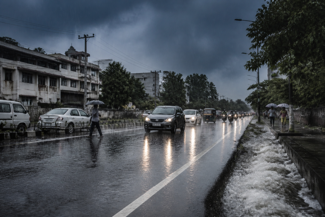 Karnataka rain alert map and heavy rain over an urban road in Karnataka