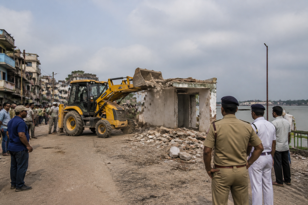 Howrah illegal construction demolition of a riverside office by a municipal bulldozer