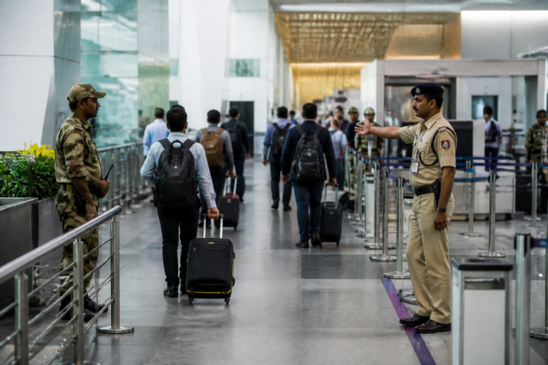 Delhi airport security staff monitoring an IGI Airport passenger transfer corridor