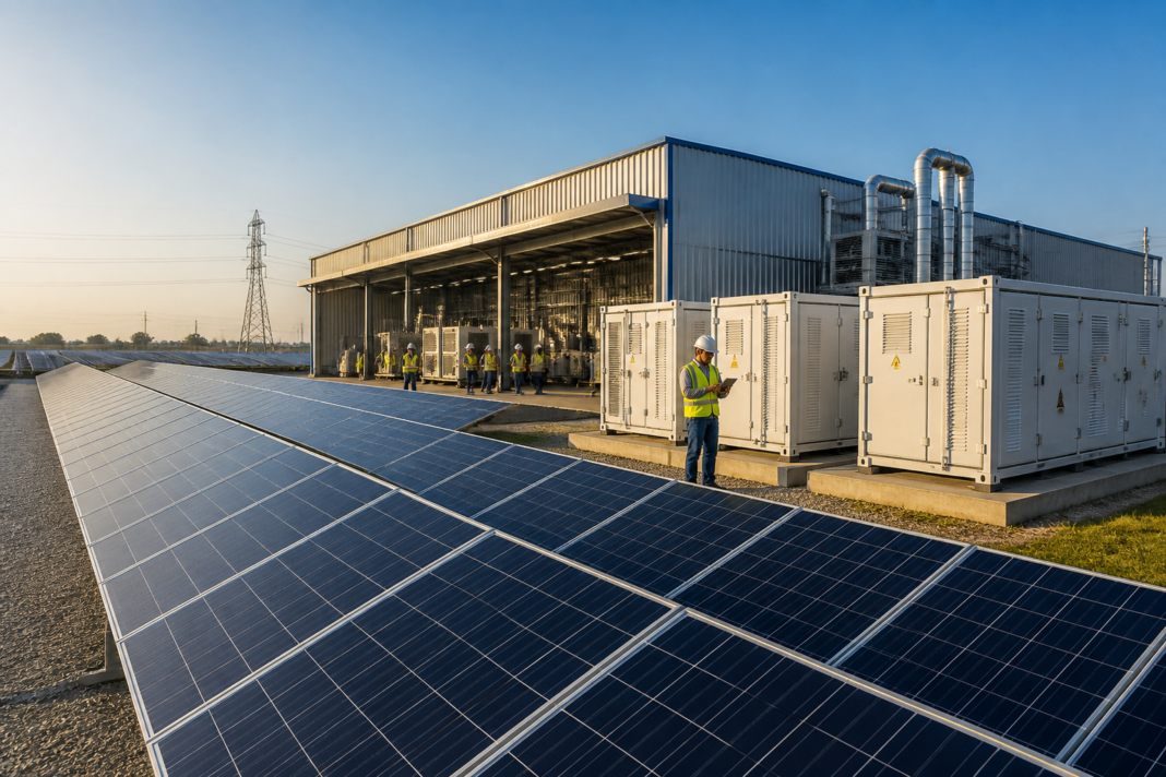 Solex Energy expansion with solar panels and battery storage equipment at an Indian renewable-energy facility
